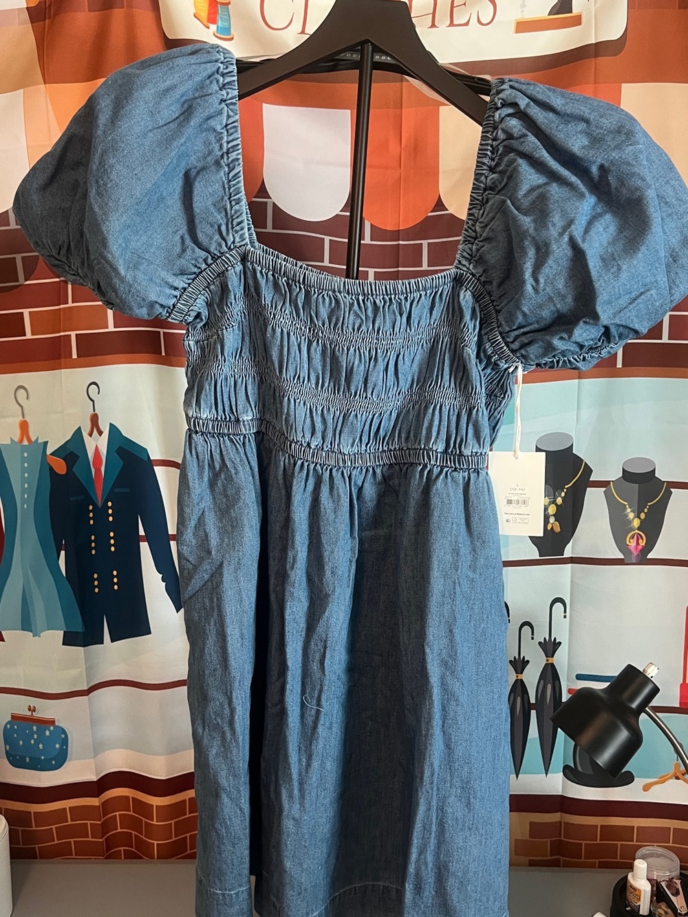 Denim Puff-Sleeve Smocked Midi Dress - Blue